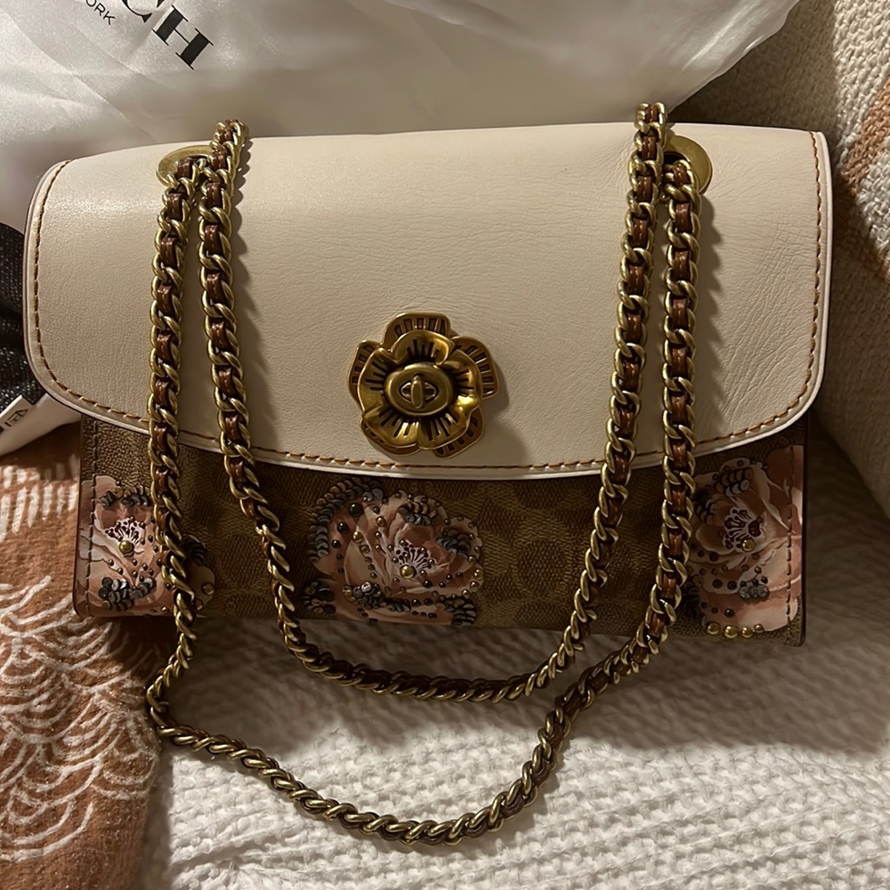 Coach cross body chain strap floral/white purse